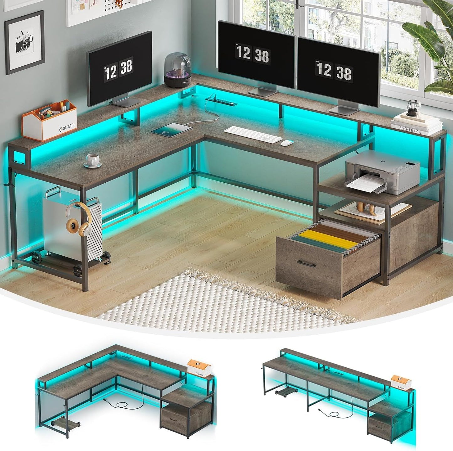 L Shaped Gaming Desk, 66" Home Office Desk with File Drawer & Power Outlet, Corner Gaming Computer Desk with Led Lights,