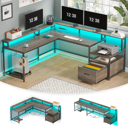 L Shaped Gaming Desk, 66" Home Office Desk with File Drawer & Power Outlet, Corner Gaming Computer Desk with Led Lights,