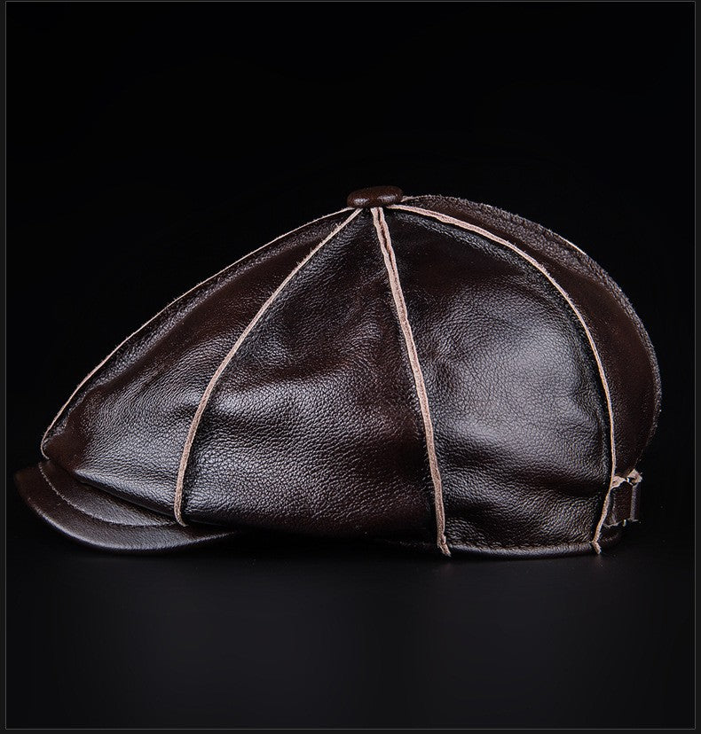 Men's Genuine Leather Warm Octagonal Cap Elegant Adjustable Newsboy Beret Cowhide Tongue Cap