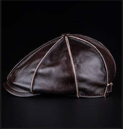 Men's Genuine Leather Warm Octagonal Cap Elegant Adjustable Newsboy Beret Cowhide Tongue Cap