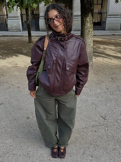 Fashion PU Leather Stand Up Coat for Women Casual Long Sleeve Zipper Lady Jackets 2025 Autumn New Female Outerwear High Street