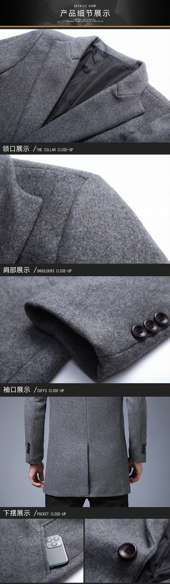 Men's Wool Blend Overcoat - Mid-Length Business Trench Coat with Notch Lapel (Tailored Contemporary Fit)