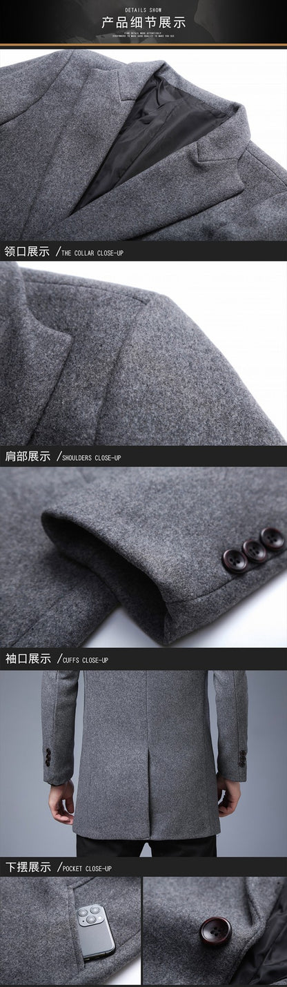 Men's Wool Blend Overcoat - Mid-Length Business Trench Coat with Notch Lapel (Tailored Contemporary Fit)