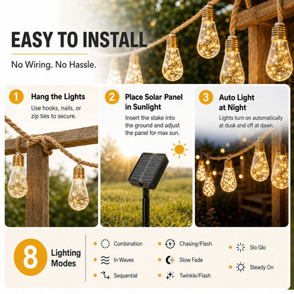 Solar String Lights Hemp Rope Edison Bulb Fairy Lights 4M/6M/8M Warm White for Garden Patio Pergola Wedding Christmas Decor