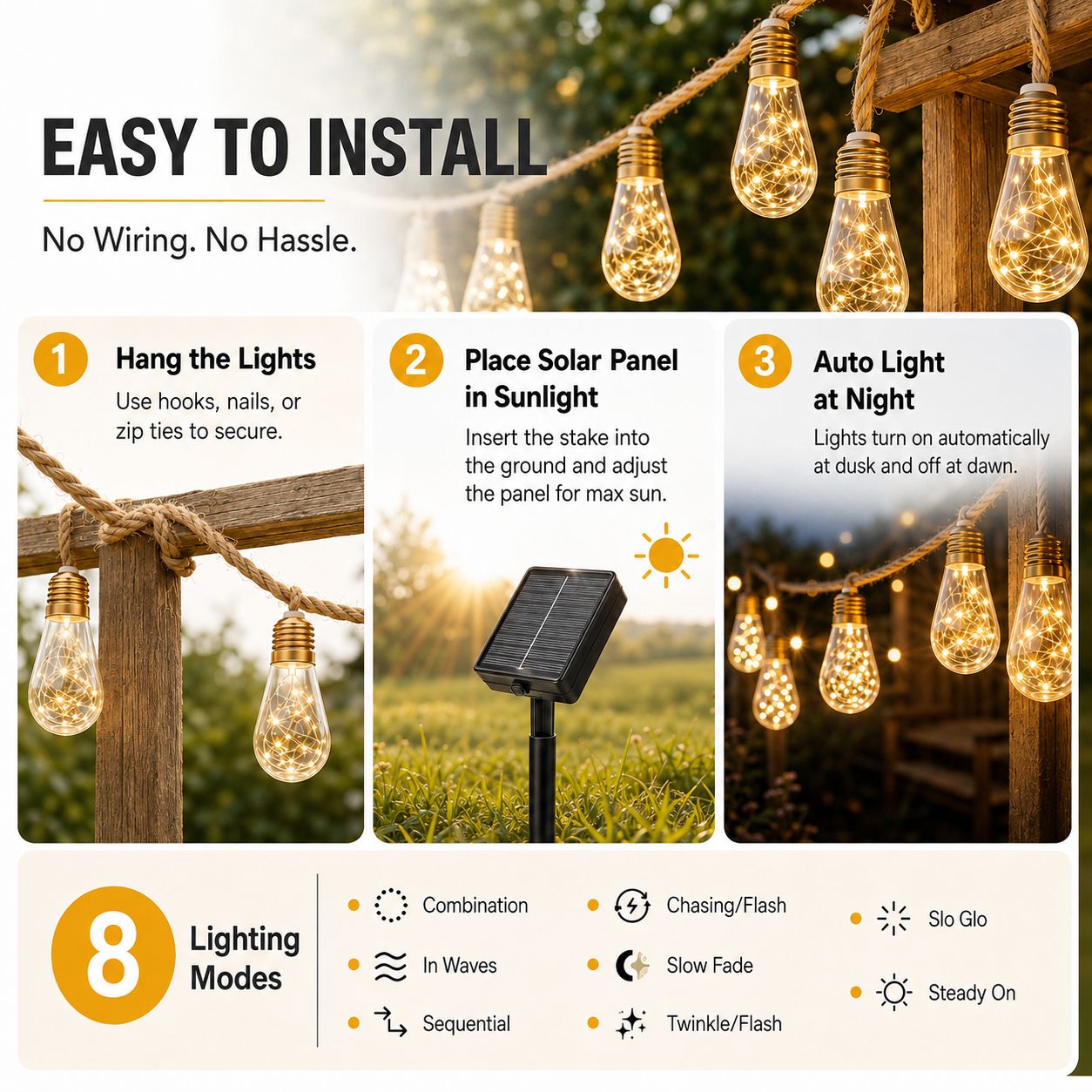 Solar String Lights Hemp Rope Edison Bulb Fairy Lights 4M/6M/8M Warm White for Garden Patio Pergola Wedding Christmas Decor