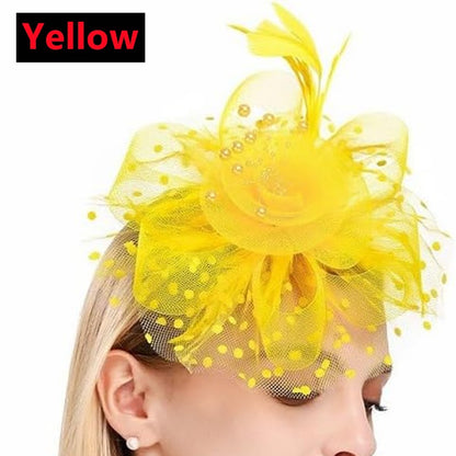 New 12 Color Net and Feather Fascinator Hat Headband Alice Headband Clip Mesh Flower Wedding Cocktail Hair Accessories Tea Party