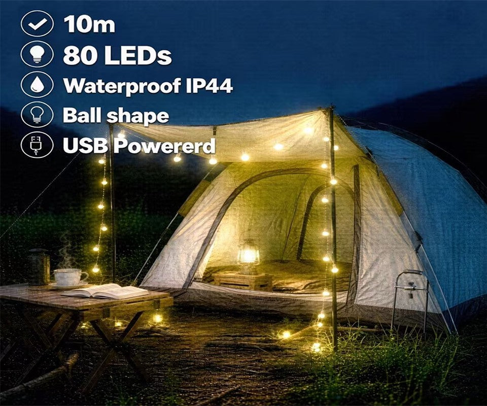 10M 80LED USB Ball String Lights Globe Fairy Lights Waterproof Garland Lights Warm White for Outdoor Wedding Party Garden Home
