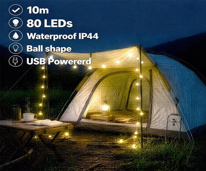 10M 80LED USB Ball String Lights Globe Fairy Lights Waterproof Garland Lights Warm White for Outdoor Wedding Party Garden Home