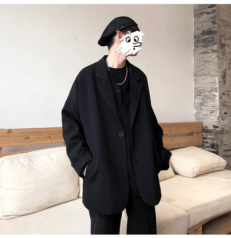Autumn Men's Casual Solid Color Blazer Korean Style Business Single Trendy Oversize Business Suit Jackets Retro Daily Streetwear