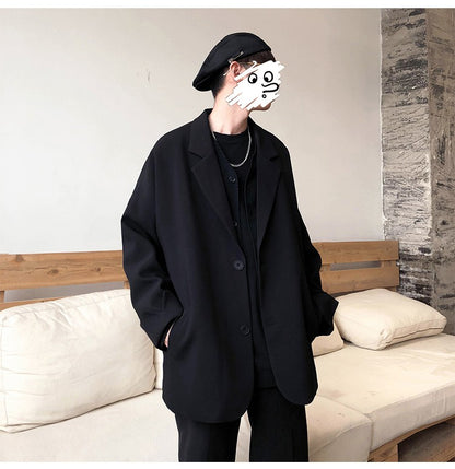 Autumn Men's Casual Solid Color Blazer Korean Style Business Single Trendy Oversize Business Suit Jackets Retro Daily Streetwear