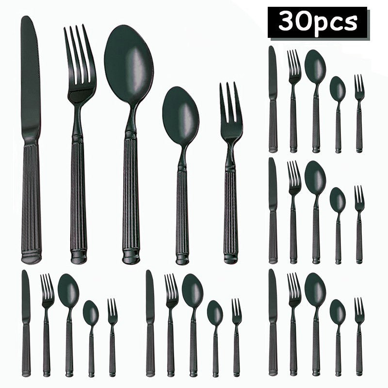 Conjunto de talheres de aço inoxidável com coluna romana de 30 peças, incluindo faca, garfo, colher, garfo de chá e colher de chá.