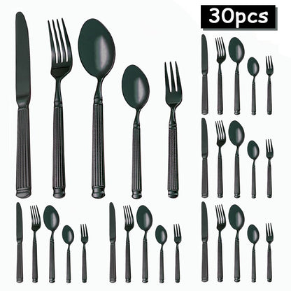 Conjunto de talheres de aço inoxidável com coluna romana de 30 peças, incluindo faca, garfo, colher, garfo de chá e colher de chá.