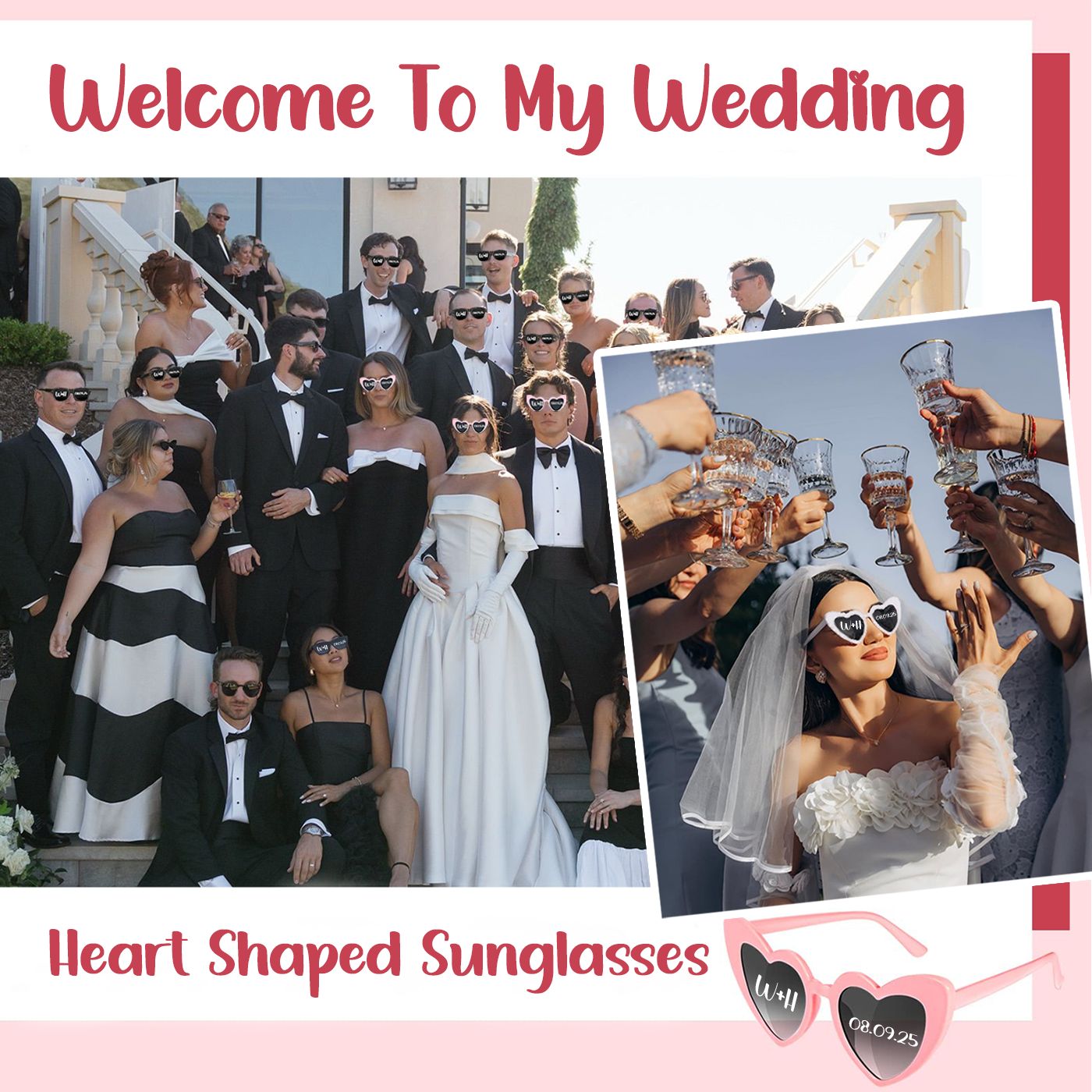 12-120Pcs Custom Wedding Sunglasses Personalised Heart Shaped Sunglasses Wedding Party Favors for Guest Date Initials Custom