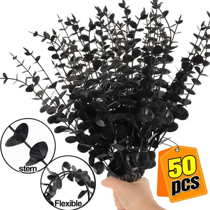 50/10x Black Artificial Eucalyptus Branches Simulation Flowers Stems Halloween Thanksgiving Ornaments DIY Home Table Decoration