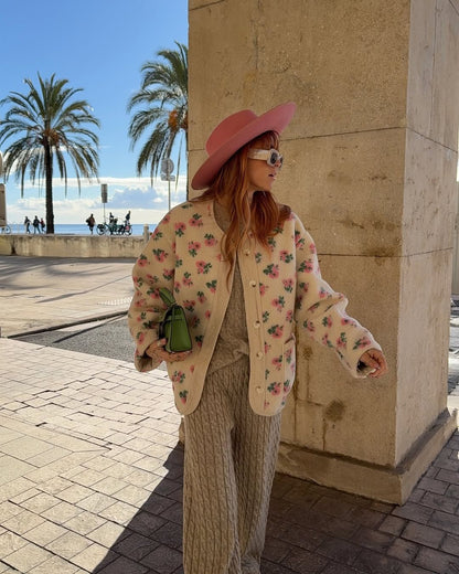 Casual Printed Short Fleece Jacket Women Fashion Round Neck Single Breasted Pocket Loose Jackets Lady Daily Commute Office Coat