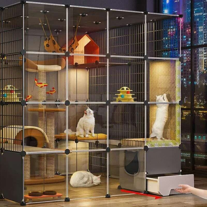 Super Grandes Gaiolas de Gatos com Espaço Livre Casa para Animais de Estimação Interna Villa para Gatos com Caixa de Areia Integrada Gabinete Nórdico Multi-Camadas para Gatos