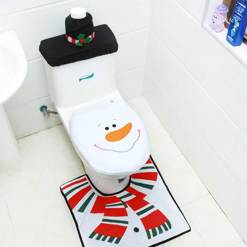 3 peças Tapetes de banho decorativos de Natal Decoração de Natal para banheiro Capa de assento de vaso sanitário de desenho animado Acessórios de banheiro