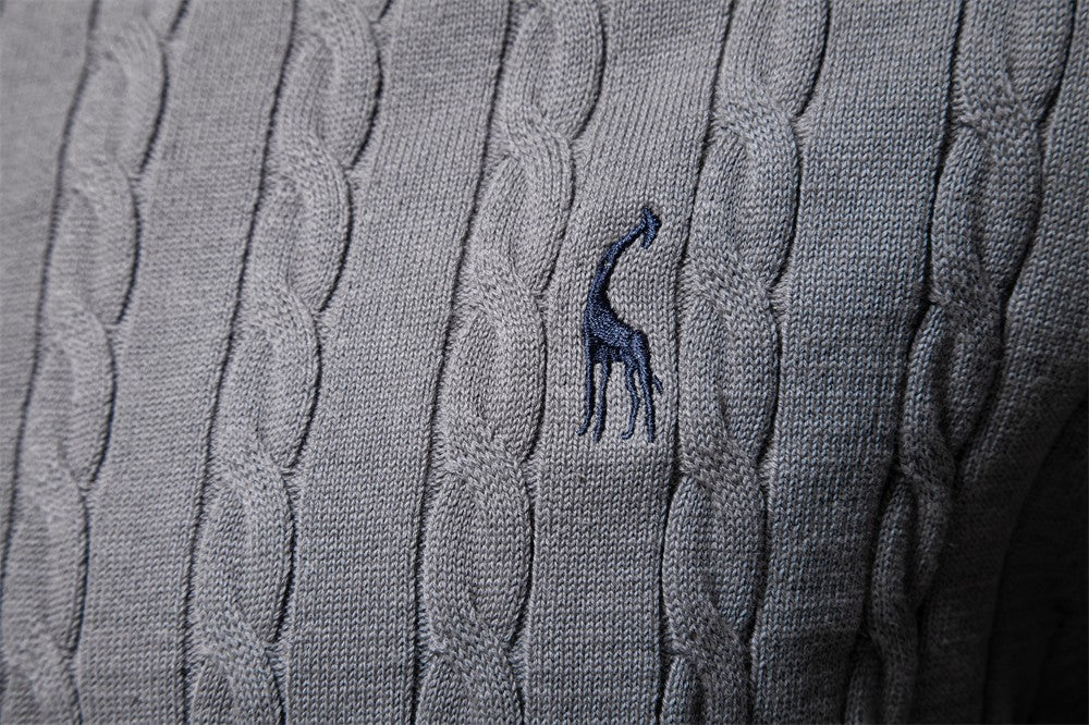 AIOPESON Mens Giraffe Embroidery Cotton Sweaters Round Neck Classic Twist Patterned Pullover Knitted Sweater for Men