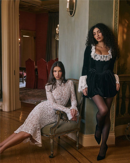 Mozision Lace Long Sleeve Sexy Midi Dress For Women Elegant White Half High Coll