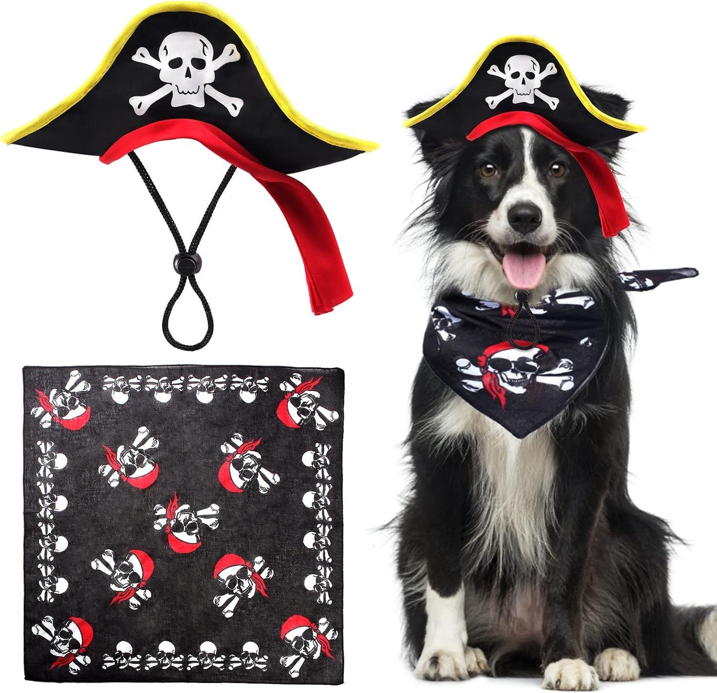 Chapéu de Pirata ATUBAN com Estampa de Caveira para Animais de Estimação com Bandana de Caveira para Cães e Gatos, Boné de Capitão, Fantasia de Pirata para Cosplay de Halloween, Festa de Halloween