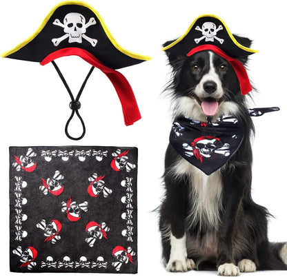 Chapéu de Pirata ATUBAN com Estampa de Caveira para Animais de Estimação com Bandana de Caveira para Cães e Gatos, Boné de Capitão, Fantasia de Pirata para Cosplay de Halloween, Festa de Halloween