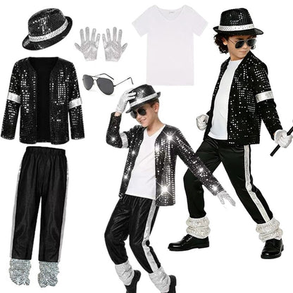 Kids Michael Jackson Costume Boys Superstar Singer Outfit Halloween Carnival Stage Performance Dance Cosplay Party Costume