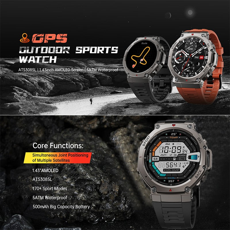 Novo Smartwatch Militar GPS de Banda Dupla T-Rex 3 Pro 48mm Resistente à Água 10ATM Bateria de 500mAh Bússola Altímetro AGPS