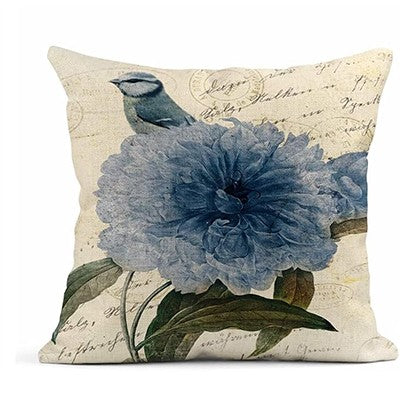 Summer Watercolor Blue Hydrangea Flowers and Birds Linen Pillow Cover Home Decoration Pillowcase Square Sofa Bed Cushion Cover