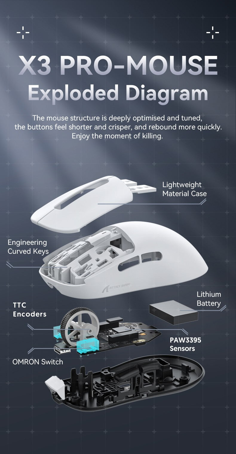 Mouse gamer sem fio 3-mode macro Attack Shark X3orX3Pro PixArt 1K/4K leve, 26K DPI PAW3395, adequado para laptop/Win/Mac