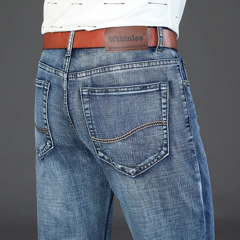 Wthinlee Calça Jeans Masculina Nova, Casual, Reta, Elástica, Moda Clássica, Azul, Preta, Trabalho, Calças Jeans Masculinas de Marca