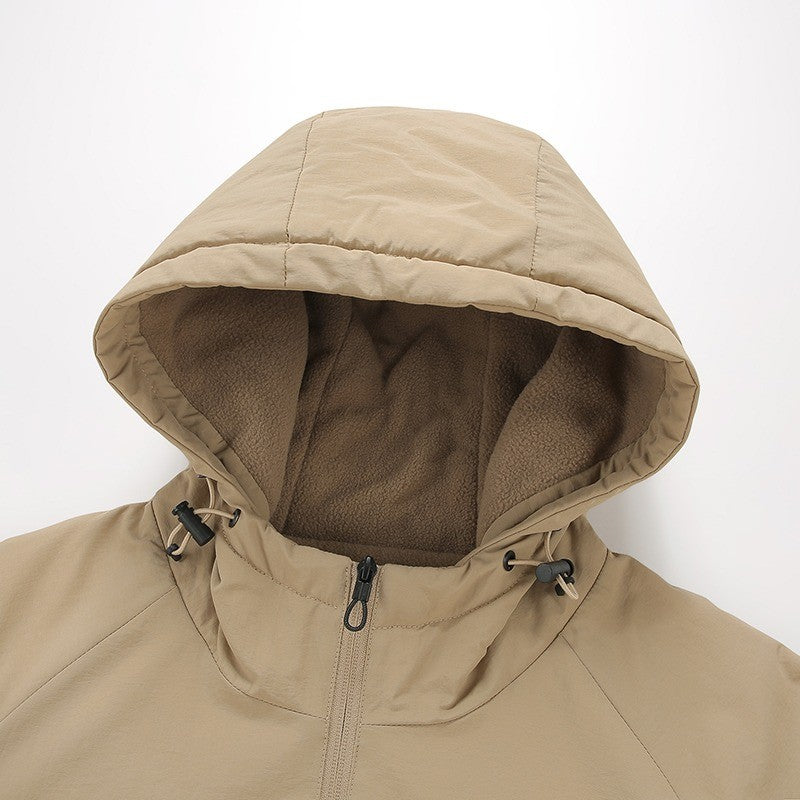 Jaqueta de Pesca Masculina Externa Capuz Larga Forro Polar Grosso Casaco Outono Inverno Jaqueta Casual Simples Versátil Casaco Acolchoado de Algodão