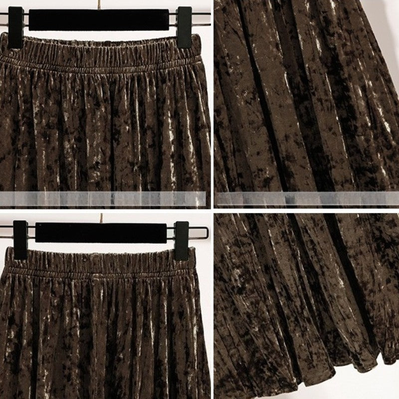 Autumn Winter Girls New A-line Velvet Skirt 2025 Plus Size Gold Velvet Half Pleated Skirt Solid Versatile High Waist Mid Skirt