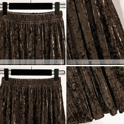 Autumn Winter Girls New A-line Velvet Skirt 2025 Plus Size Gold Velvet Half Pleated Skirt Solid Versatile High Waist Mid Skirt