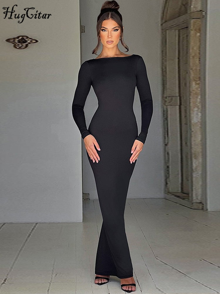 Hugcitar Spring Elegant Long Sleeve Backless Solid Cuched Sexy Bodycon Maxi Prom