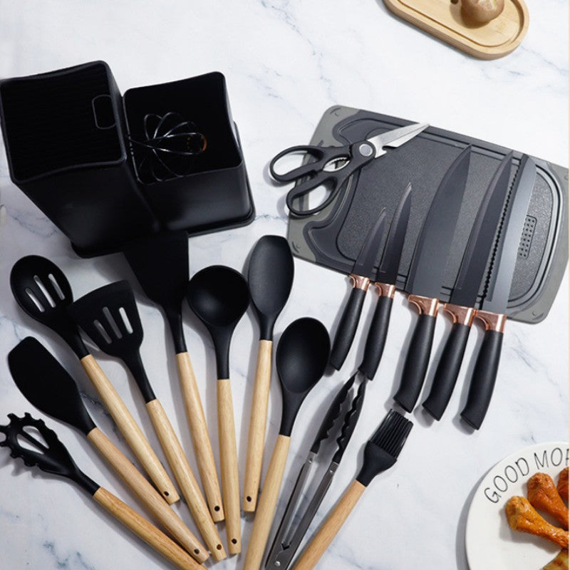 Conjunto de utensílios de cozinha de silicone, 19 peças com cabo de madeira, espátula, panela antiaderente e balde de armazenamento de facas multiuso integrado