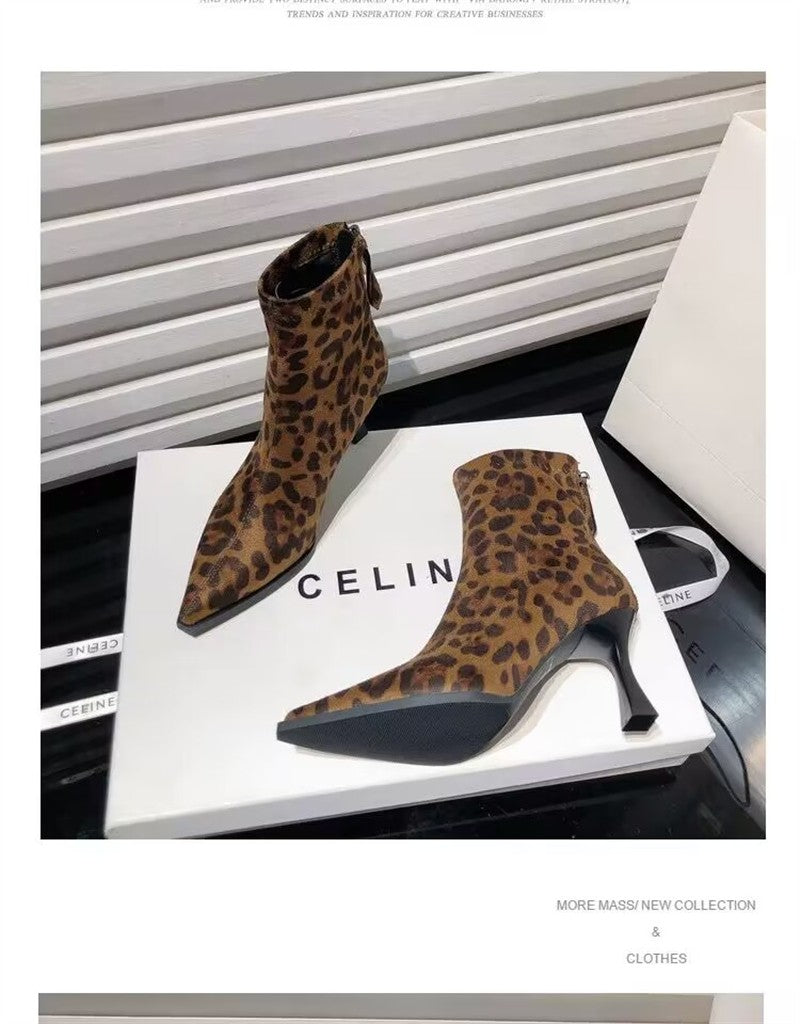 Autumn Women's High Heel Leopard Print Ankle Boots New Winter Pointed Head Thin Heel Chelsea Boots for Shoes Dress D503