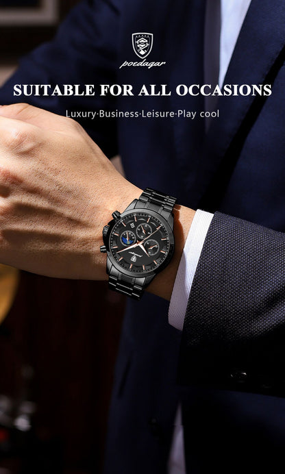 POEDAGAR Top Fashion Men's Watches Waterproof Luminous Stainless Steel Men Wristwatch Chronograph Date Quartz Business Man Watch