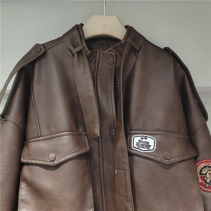 YEAE 2025 spring new vintage motorcycle leather printed high waist lean washed PU leather coat tide