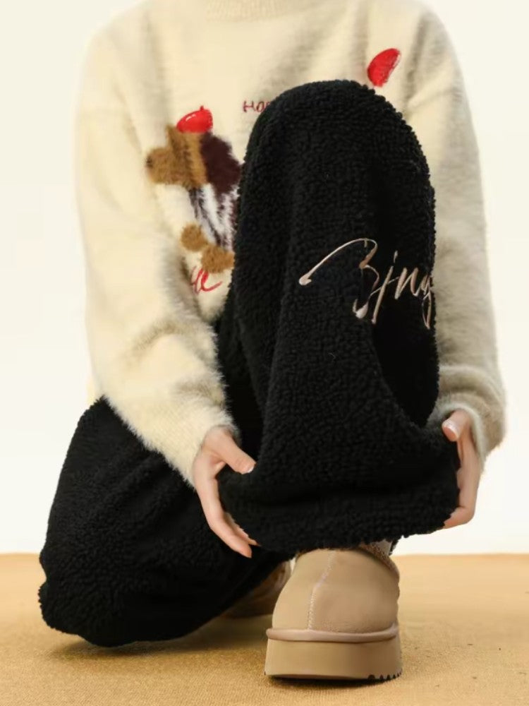 Women's Embroidered Flannel Sweatpants American Lamb Fleece Cotton Thickened Warm Couple Skiing Pants Autumn