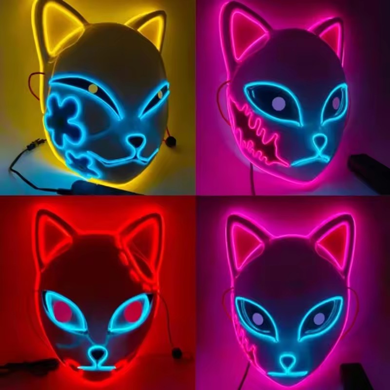 Glowing Demon Slayer Led Face Mask Anime Cosplay Prop Cat Face Fox Halloween Cold Light Flashing Mask Party Costume