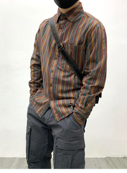 Amikaki Ethnic Style Men's Pure Cotton Colorful Stripes Shirt Loose Ancient Cargo Long Sleeved Shirt Jacket With Chest Pocket
