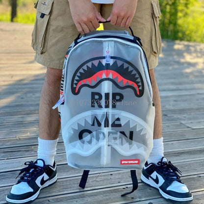 Fashion Shark Letter Transparent Backpack Men Sport Waterproof PVC Clear Plastic Schoolbag Casual Street Large Capacity Rucksack