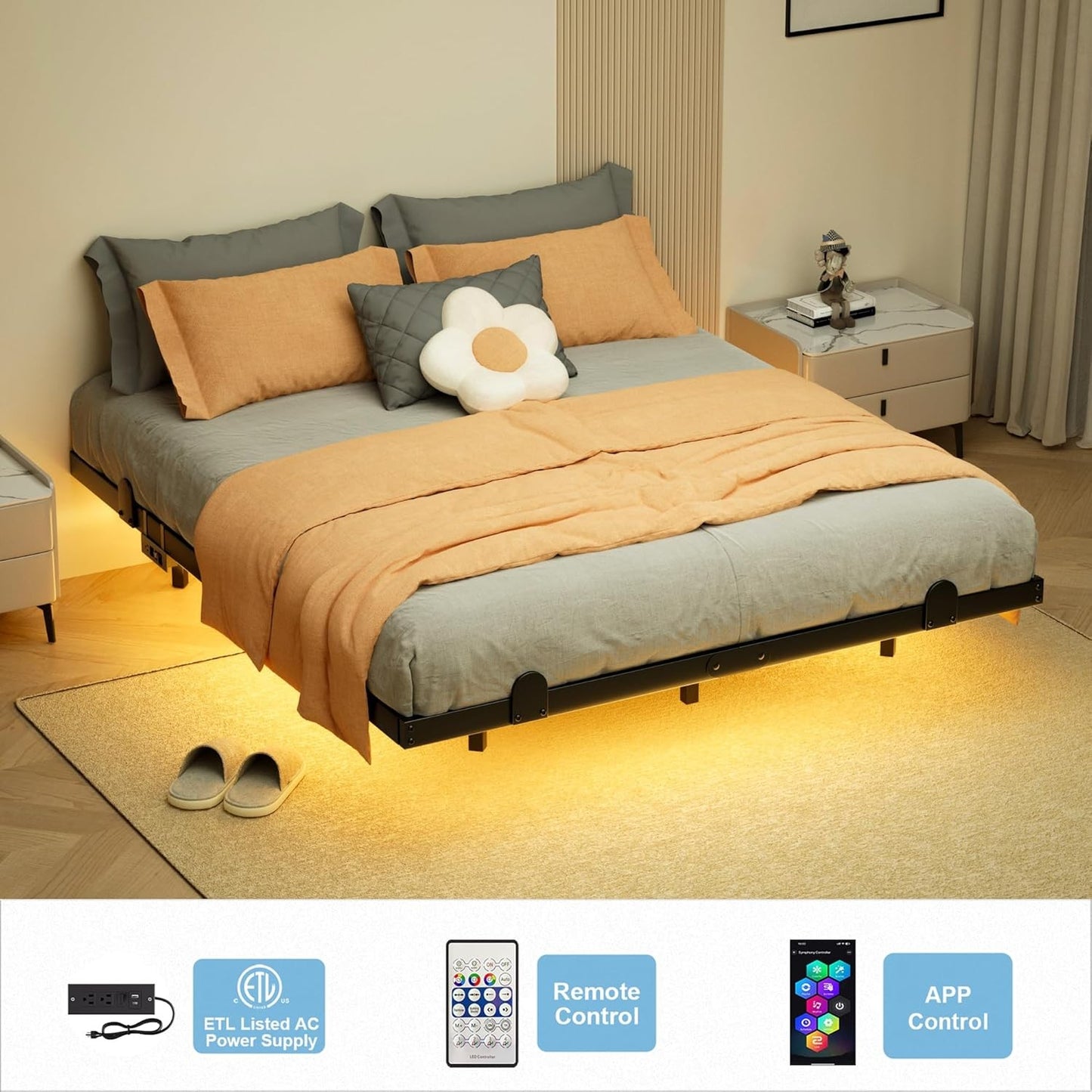 Cama Queen Size com Luzes LED Inteligentes e Estação de Carregamento - Cama LED Moderna com Luzes, Camas Flutuantes, Fácil