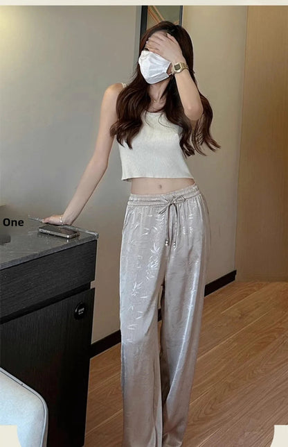 Plus Size Acetate Wide Leg Pants Women's Spring Autumn National Style Print High Waist Slimming Drapey Cool Large Size Women'...