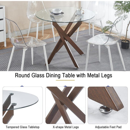 35.4'' Glass Top Round Dining Table for 2-4 People, Sturdy Walnut Metal Legs, Round Glass Kitchen Table for Apartment, Space Sav