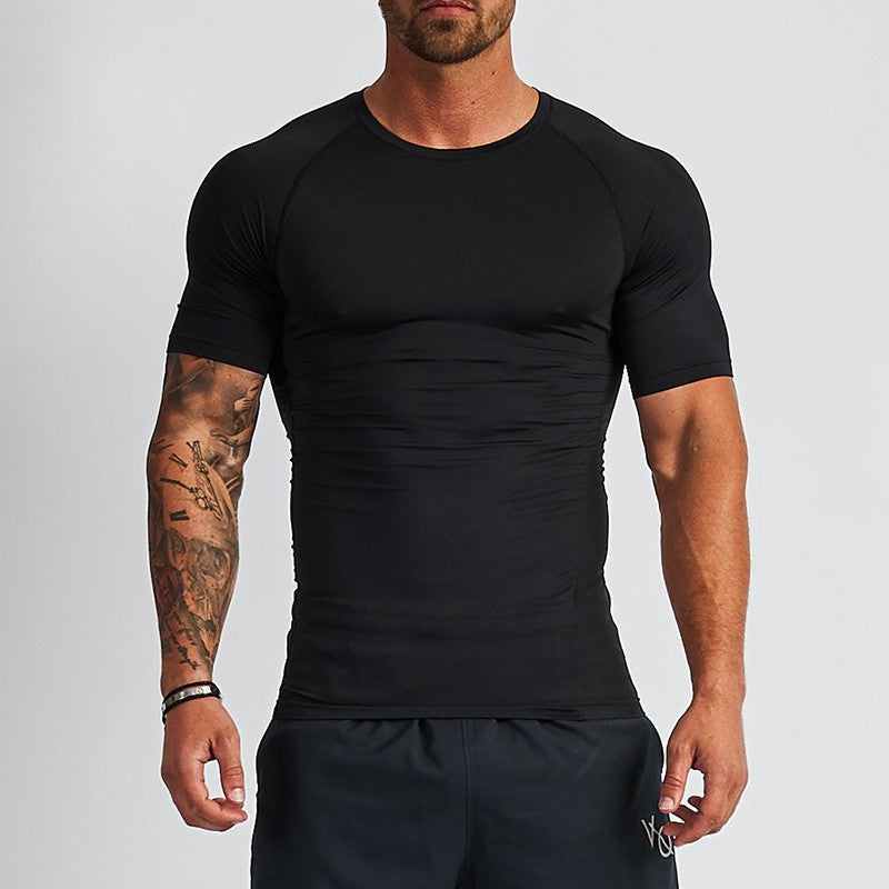 Men's Compression Short Sleeve T-shirt Fitness Running Basketball Gym Sportswear Seamless Close-fitting Black Sports Tight Tops