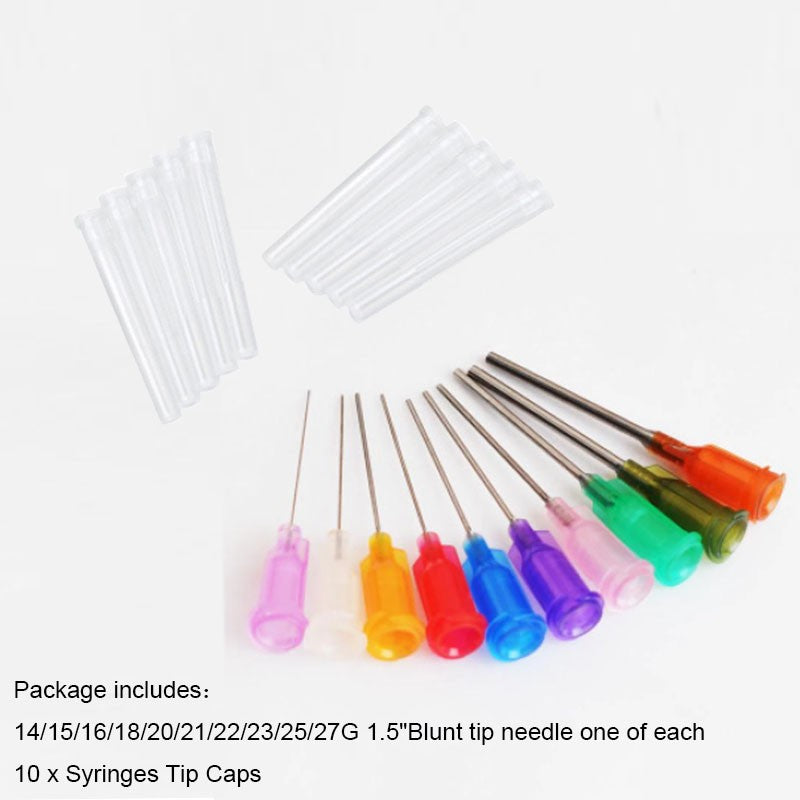 Seringa Luer de 1/3/5/10ML com Agulha de Ponta Romba de 14-25Ga 1,5" e Conjunto de Tampa de Agulhas de Distribuição de Aço Inoxidável para Mistura de Líquidos