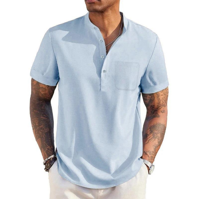 Summer Men's Cotton Linen T-Shirt Henley Neck Pocket Casual Lightweight Breathable Beach Shirt Solid Color Basic Style Tops