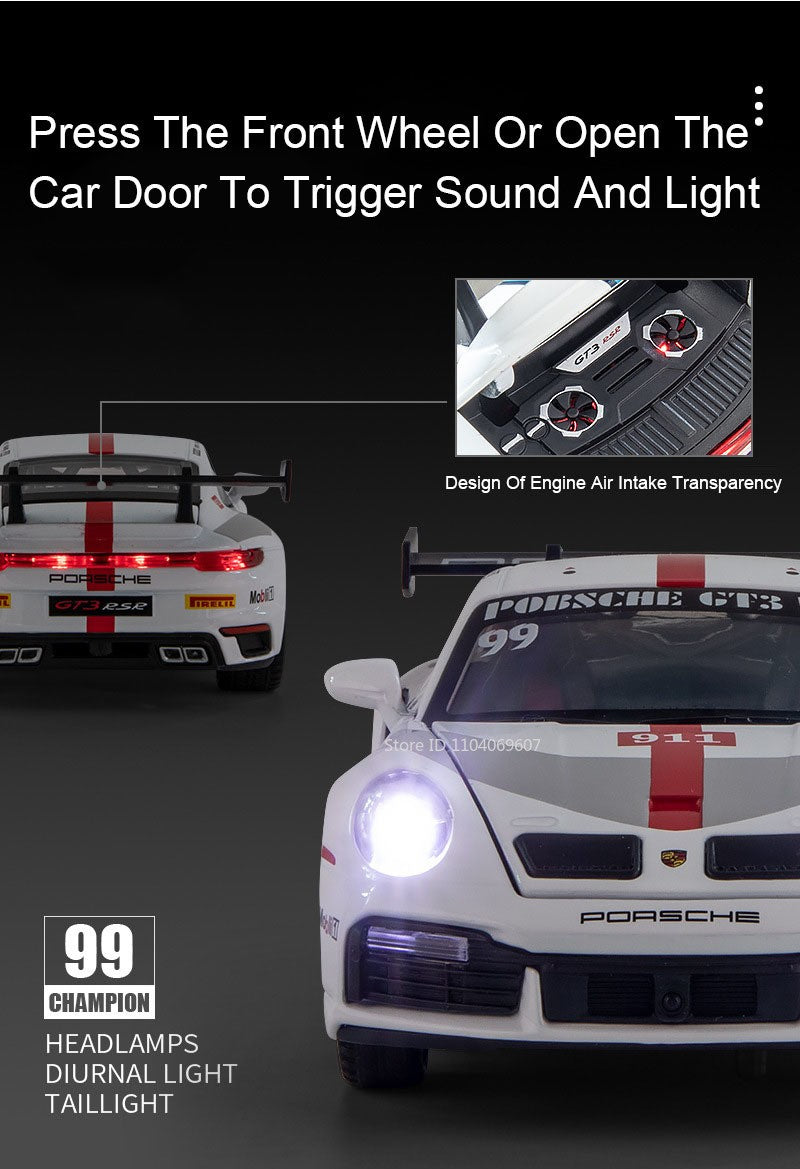 1:32 911 GT3 RSR Miniature Sports Car Model Toys Alloy Diecast Vehicles 4 Doors Opened Pull Back Sound Light Supercar Boys Gifts