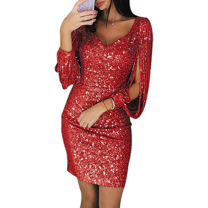 Plus Size Dresses for Women Elegant Long Sleeve Sequin Mini Dresses Sexy Ruched Bodycon Sparkly Glitter Cocktail Party Dresses